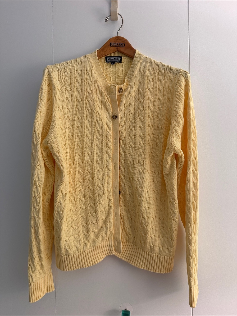 Vintage Lands' End Pale Yellow Cable-Knit Cardigan